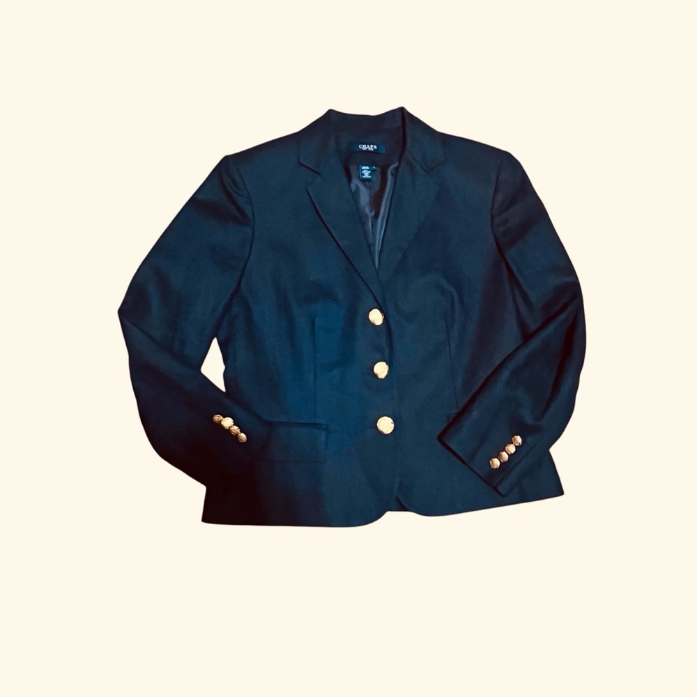 Chaps Navy Linen Blazer Small | Gold Button Jacket | Classic Tailored Layer